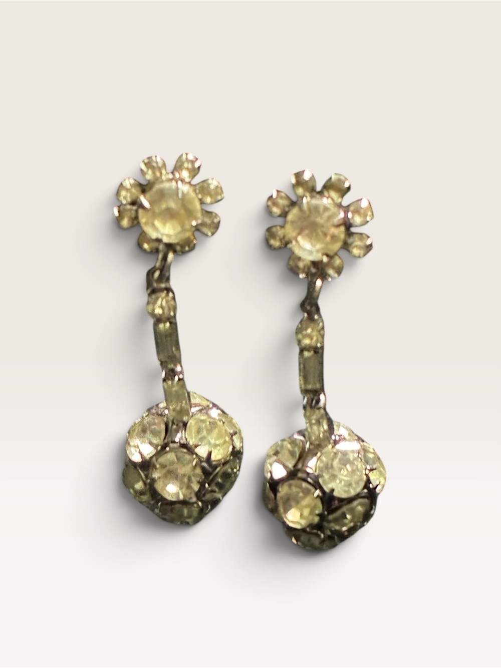 Vintage Clear Rhinestone Drop Flower Earrings Silver Tone
